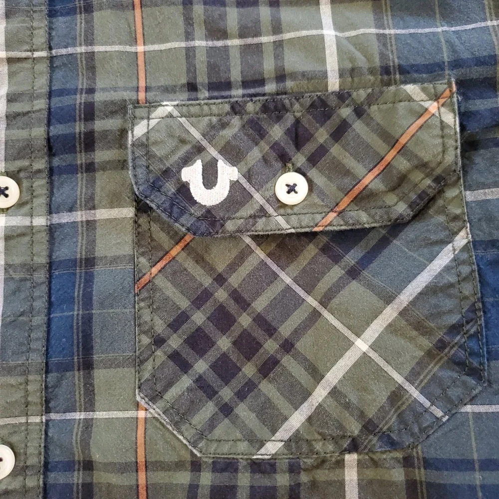 True Religion Mens XL Plaid Button Down Shirt Green Blue Long Sleeve‎ Horseshoe